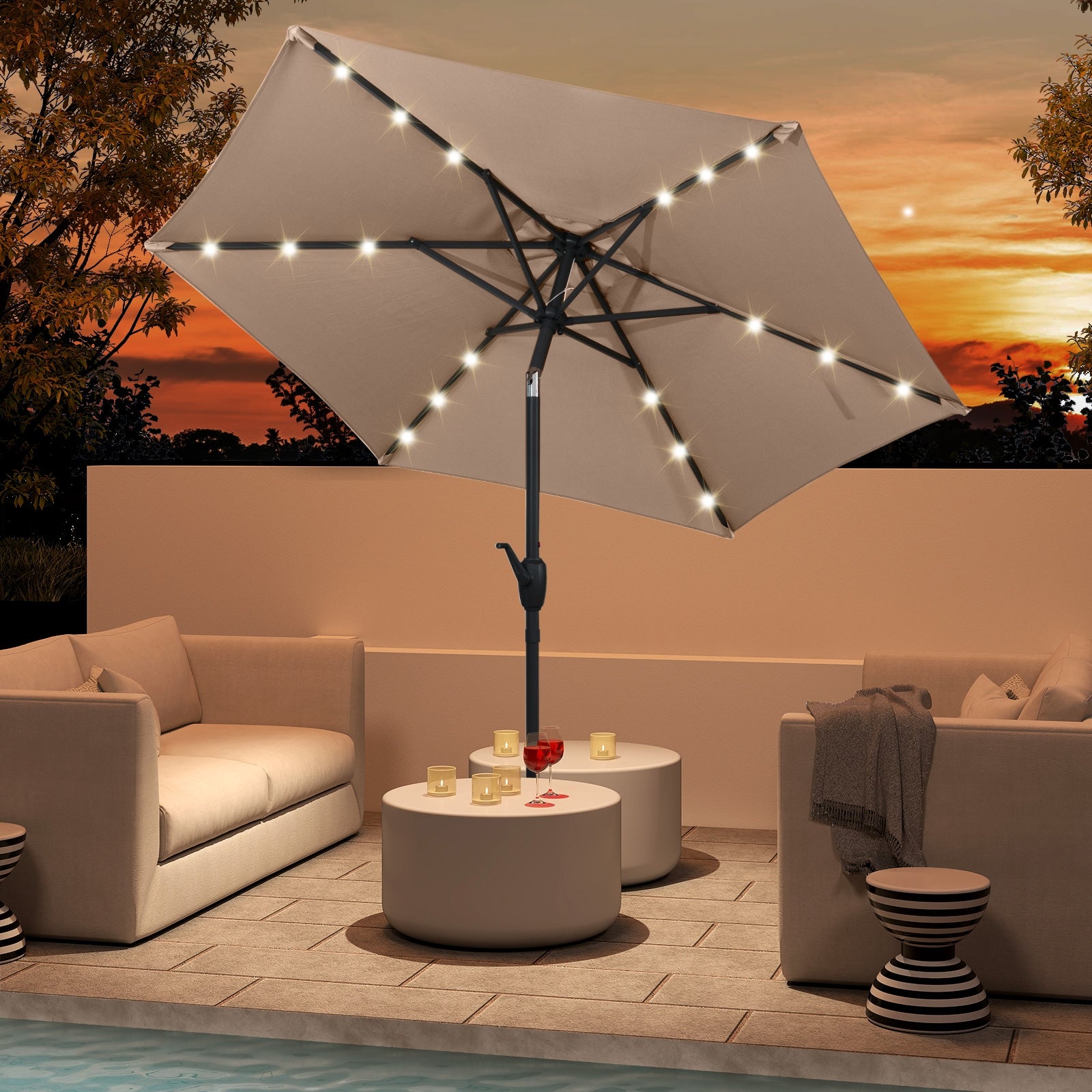 7.5 Feet Solar Powered Patio Umbrella with LED Lights and Crank Handle, Tan Outdoor Umbrellas at Gallery Canada