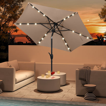7.5 Feet Solar Powered Patio Umbrella with LED Lights and Crank Handle, Tan Outdoor Umbrellas at Gallery Canada