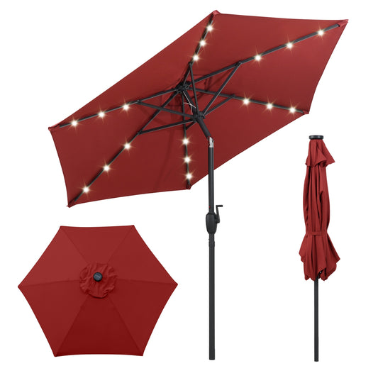 7.5 Feet Solar LED Patio Umbrella, Crank Handle, Burgundy Outdoor Umbrellas Burgundy at Gallery Canada