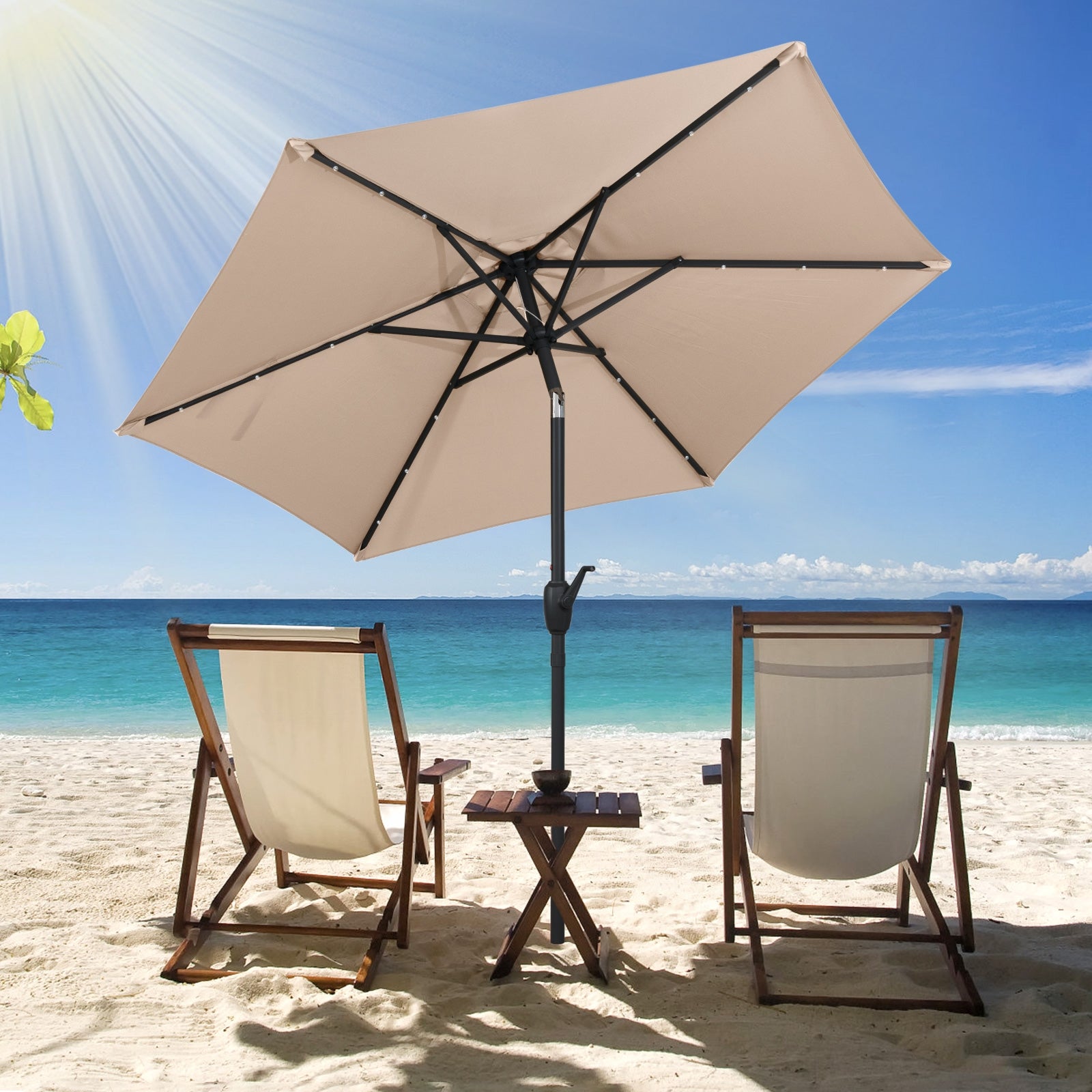 7.5 Feet Solar Powered Patio Umbrella with LED Lights and Crank Handle, Tan Outdoor Umbrellas at Gallery Canada