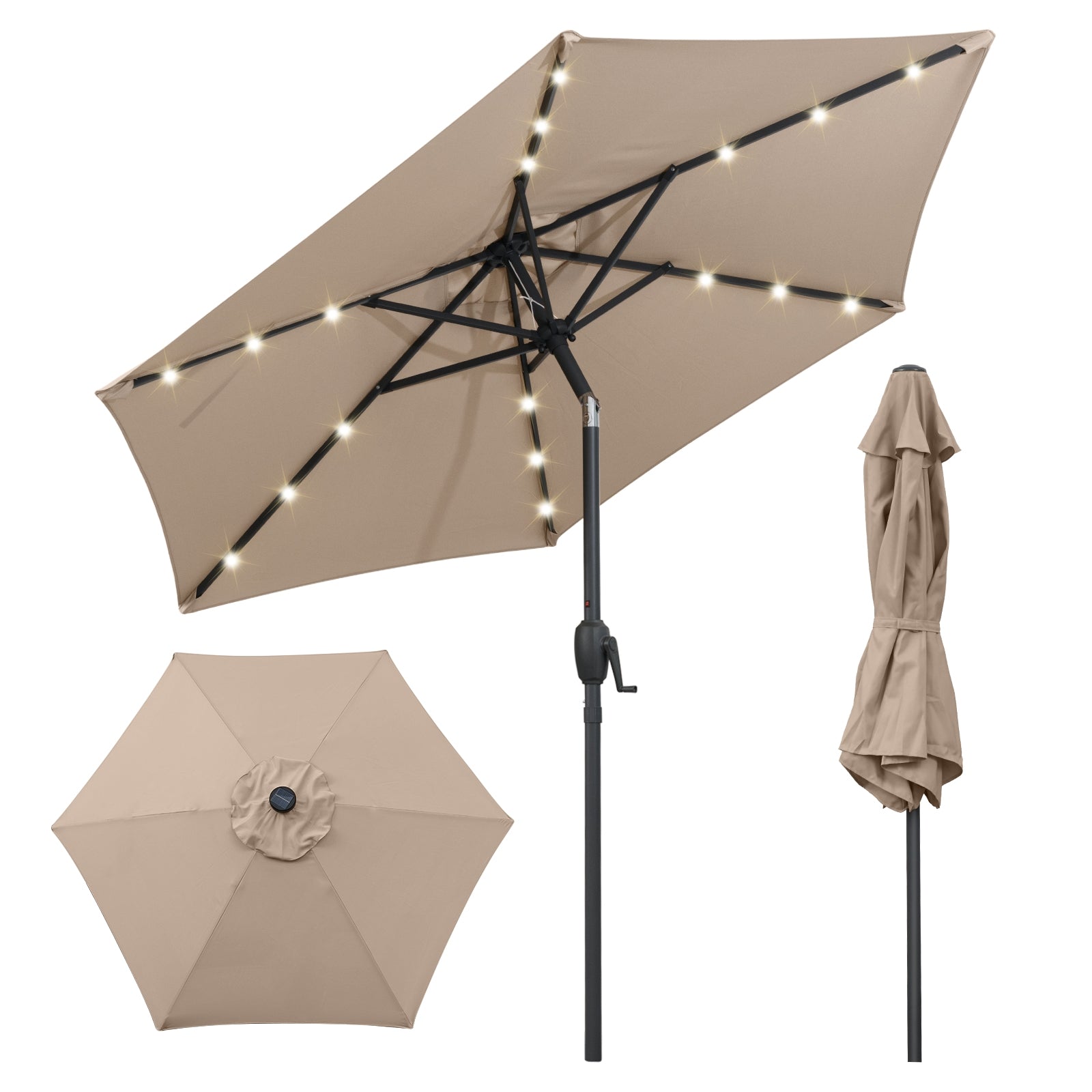 7.5 Feet Solar Powered Patio Umbrella with LED Lights and Crank Handle, Tan Outdoor Umbrellas Tan at Gallery Canada