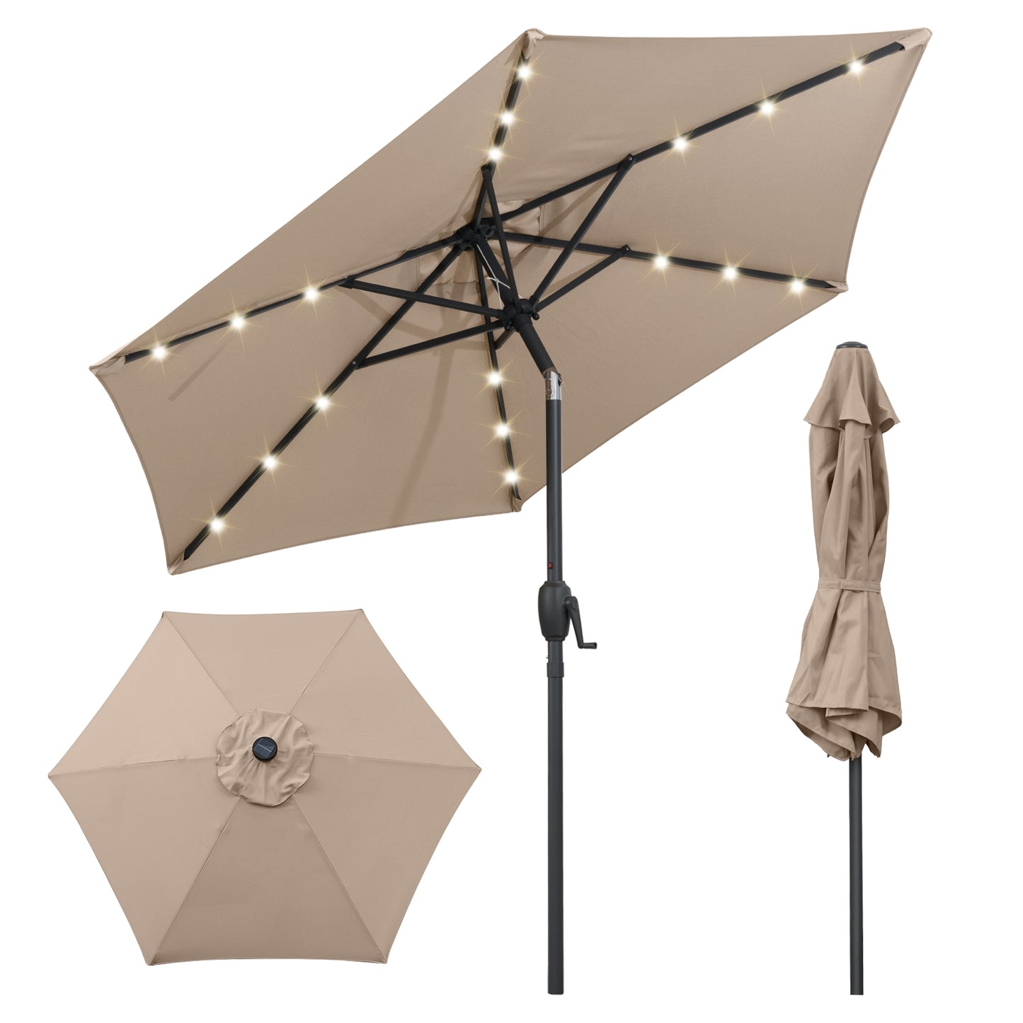 7.5 Feet Solar Powered Patio Umbrella with LED Lights and Crank Handle, Tan Outdoor Umbrellas at Gallery Canada