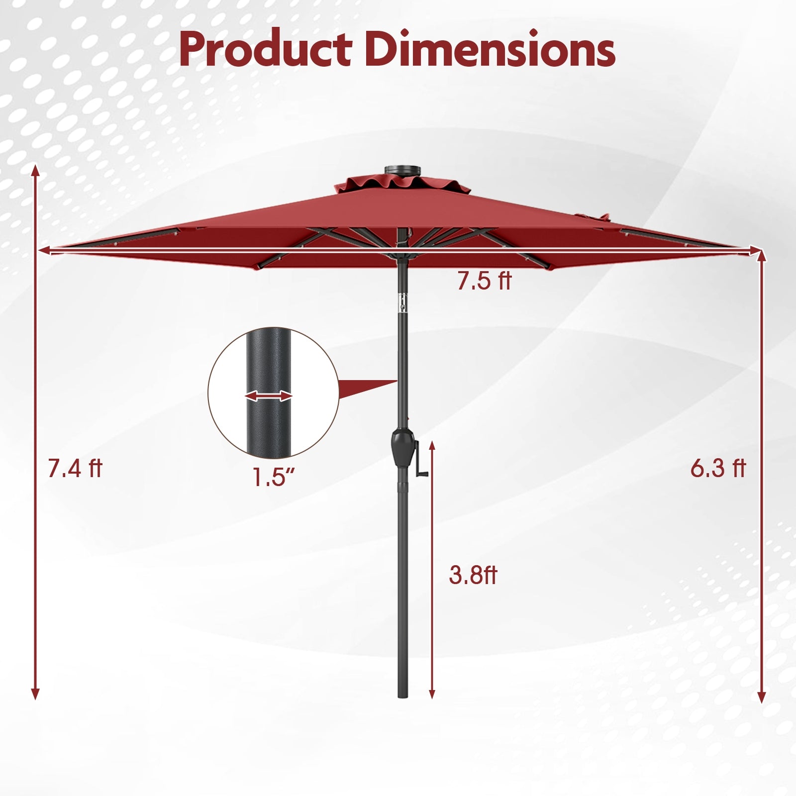 7.5 Feet Solar Powered Patio Umbrella with LED Lights and Crank Handle, Burgundy Outdoor Umbrellas at Gallery Canada
