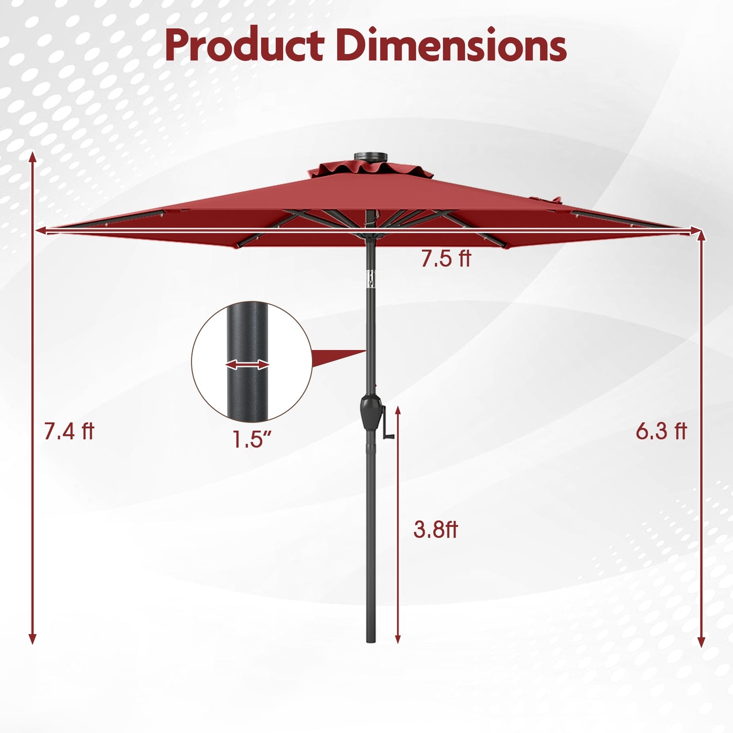 7.5 Feet Solar Powered Patio Umbrella with LED Lights and Crank Handle, Burgundy Outdoor Umbrellas at Gallery Canada