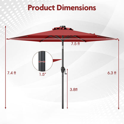 7.5 Feet Solar Powered Patio Umbrella with LED Lights and Crank Handle, Burgundy Outdoor Umbrellas at Gallery Canada