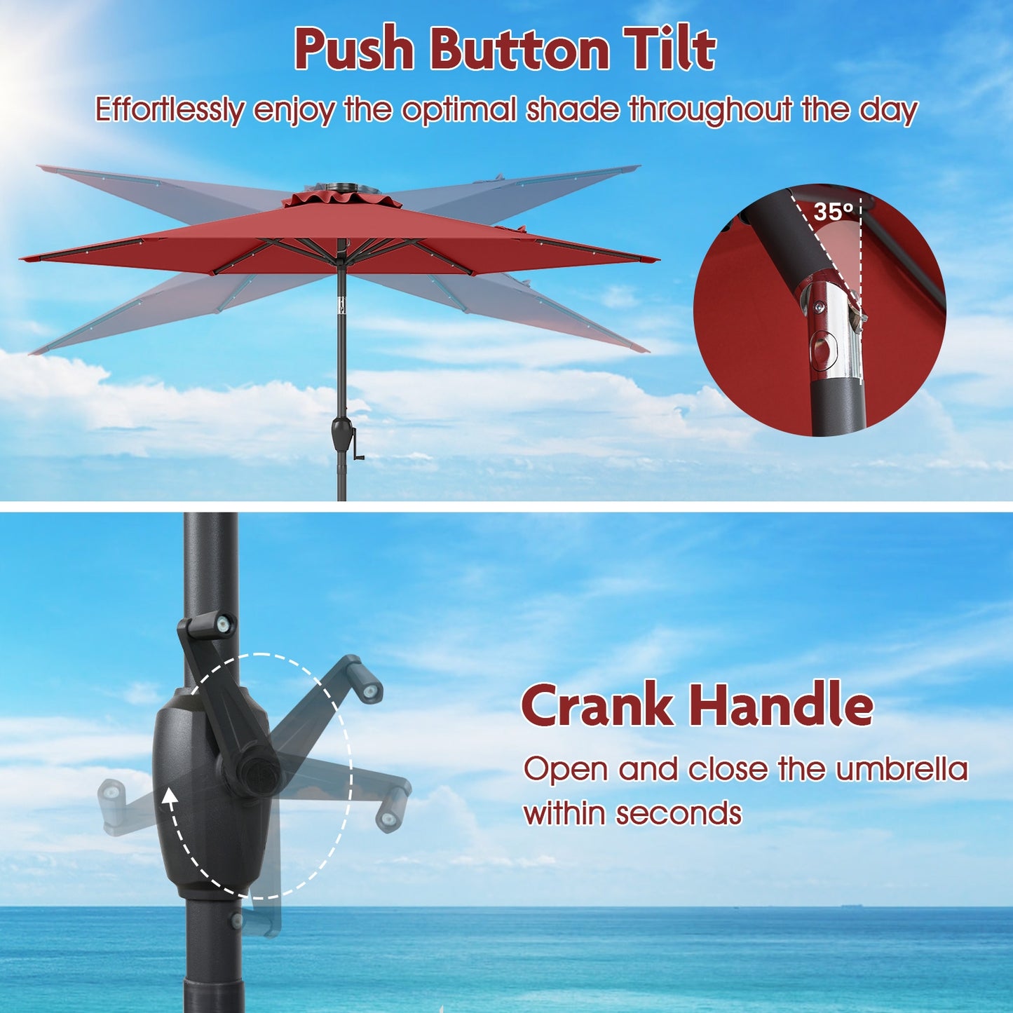 7.5 Feet Solar Powered Patio Umbrella with LED Lights and Crank Handle, Burgundy Outdoor Umbrellas at Gallery Canada