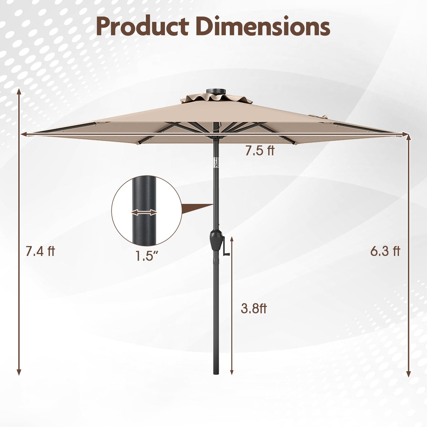 7.5 Feet Solar Powered Patio Umbrella with LED Lights and Crank Handle, Tan Outdoor Umbrellas at Gallery Canada