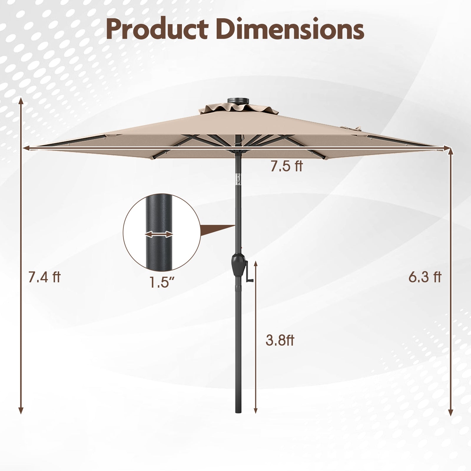 7.5 Feet Solar Powered Patio Umbrella with LED Lights and Crank Handle, Tan Outdoor Umbrellas at Gallery Canada