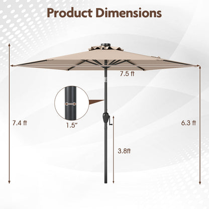 7.5 Feet Solar Powered Patio Umbrella with LED Lights and Crank Handle, Tan Outdoor Umbrellas at Gallery Canada