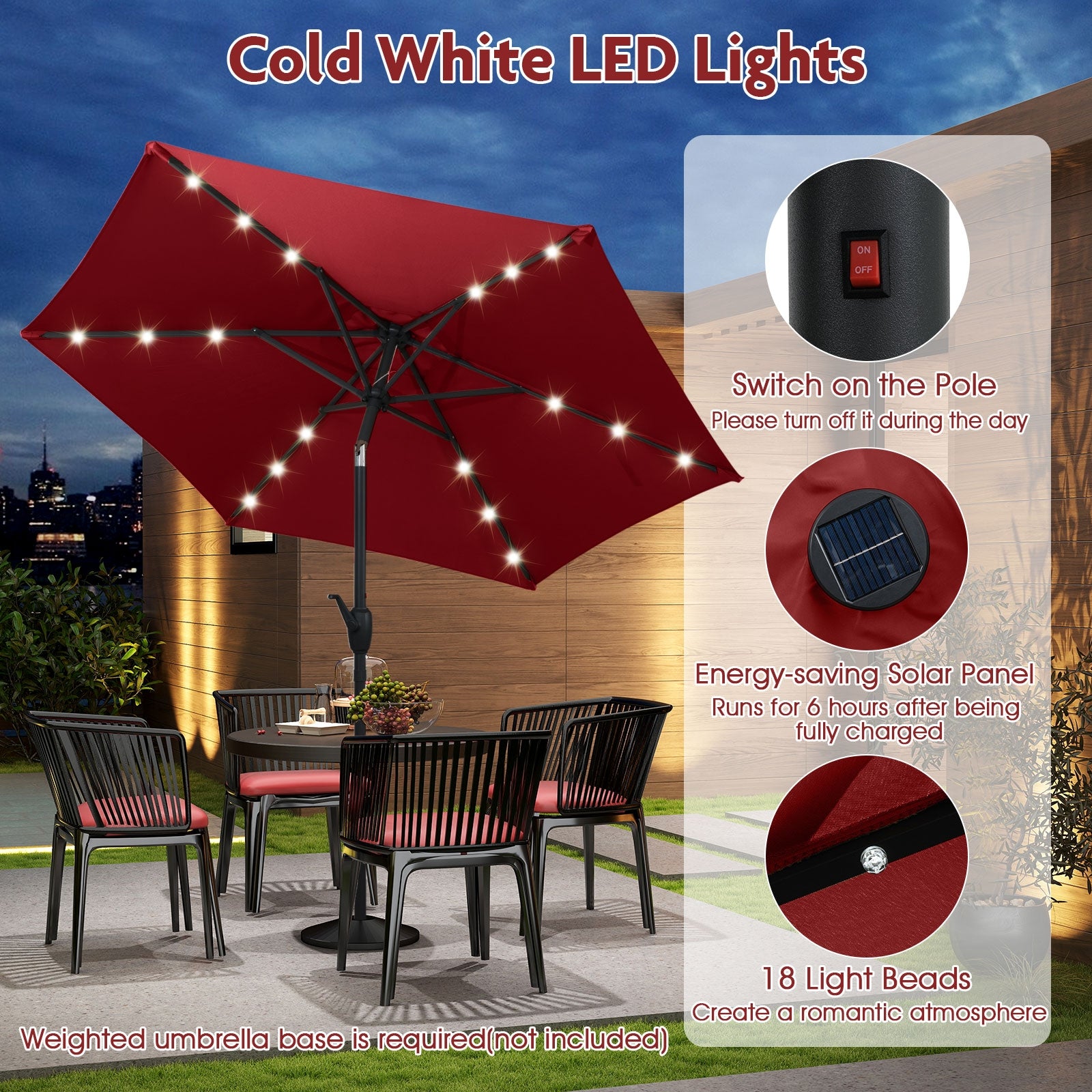 7.5 Feet Solar Powered Patio Umbrella with LED Lights and Crank Handle, Burgundy Outdoor Umbrellas at Gallery Canada