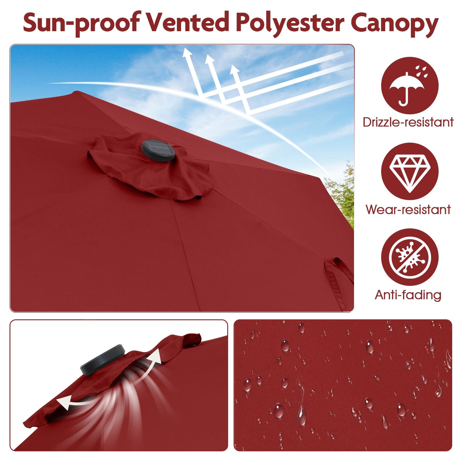 7.5 Feet Solar Powered Patio Umbrella with LED Lights and Crank Handle, Burgundy Outdoor Umbrellas at Gallery Canada