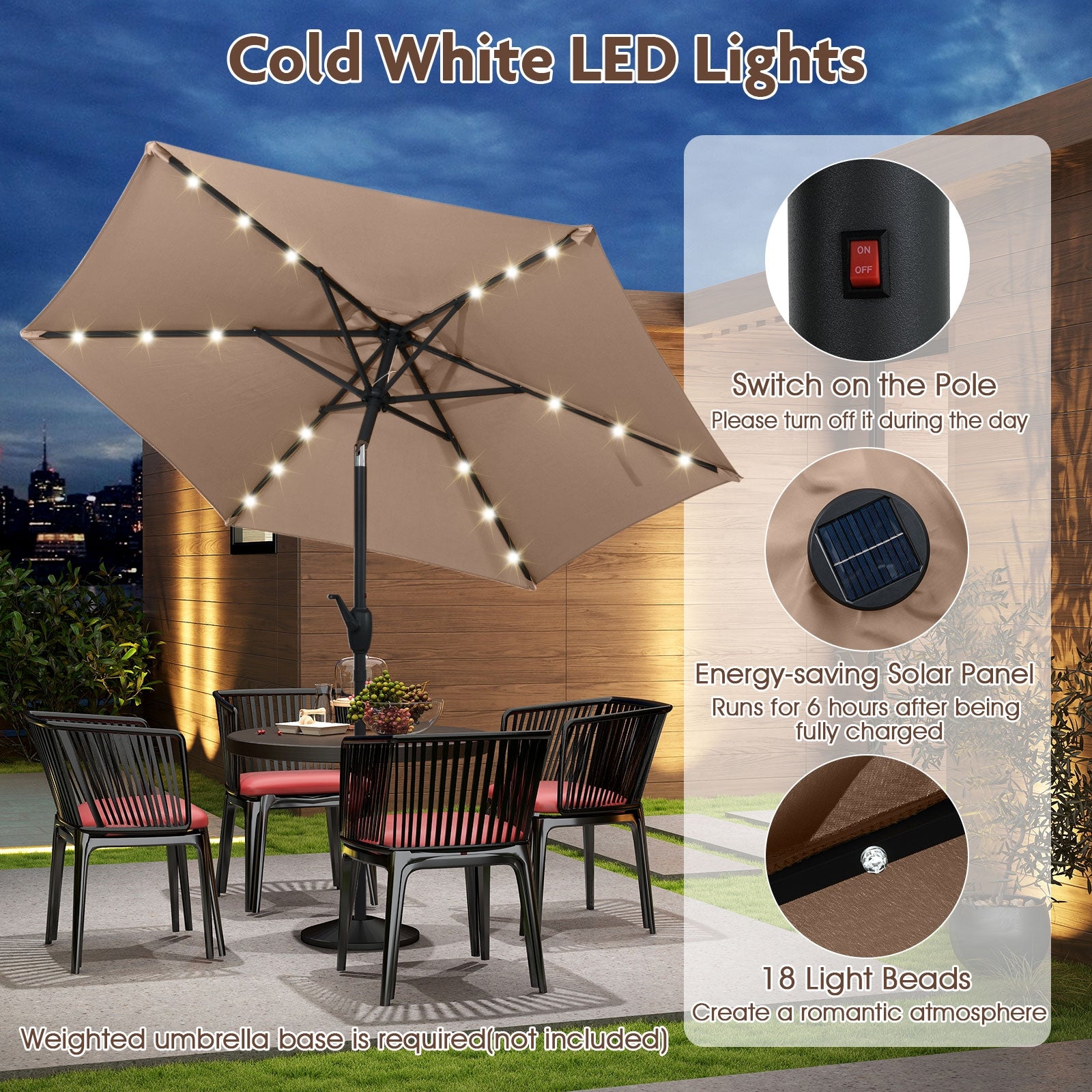 7.5 Feet Solar Powered Patio Umbrella with LED Lights and Crank Handle, Tan Outdoor Umbrellas at Gallery Canada