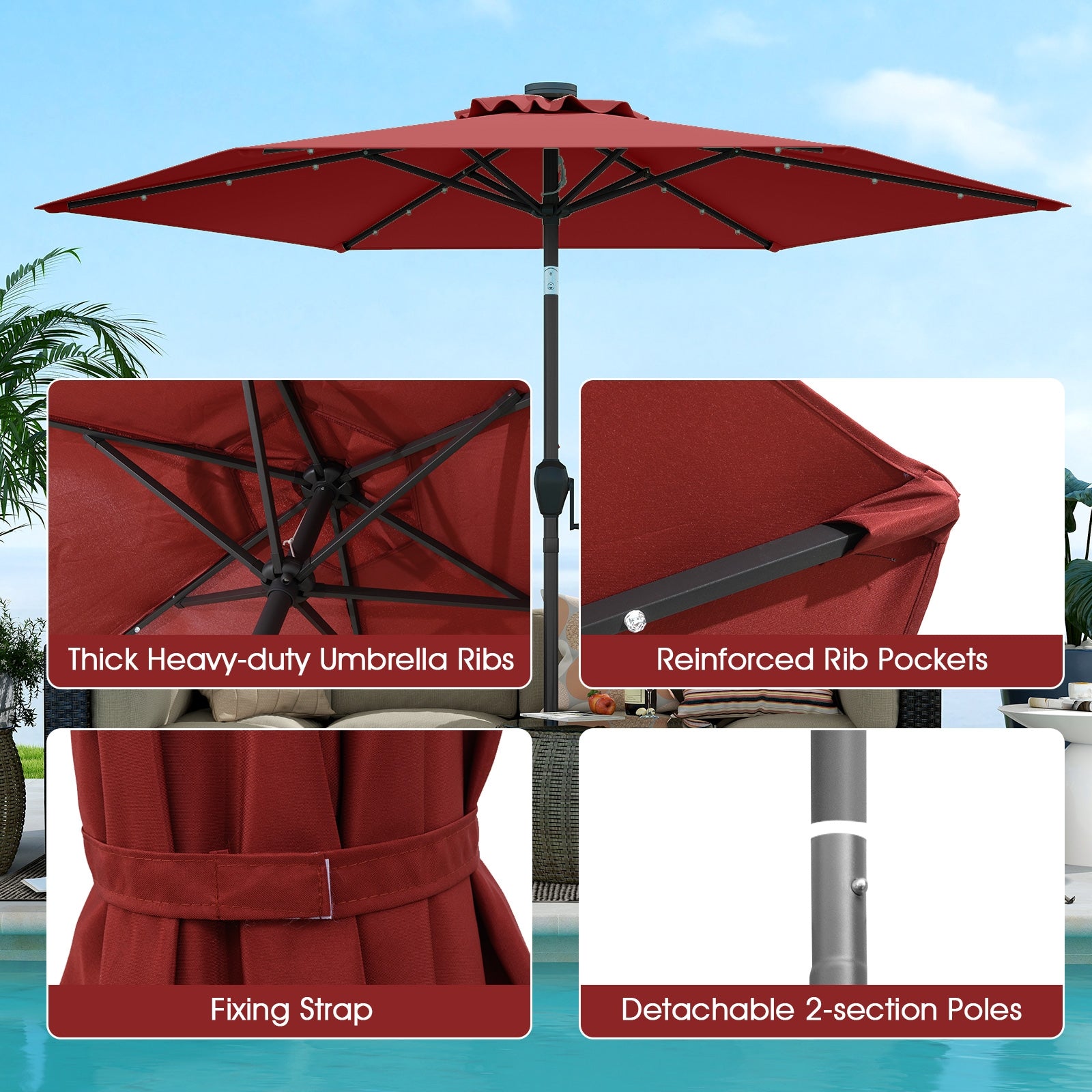 7.5 Feet Solar Powered Patio Umbrella with LED Lights and Crank Handle, Burgundy Outdoor Umbrellas at Gallery Canada