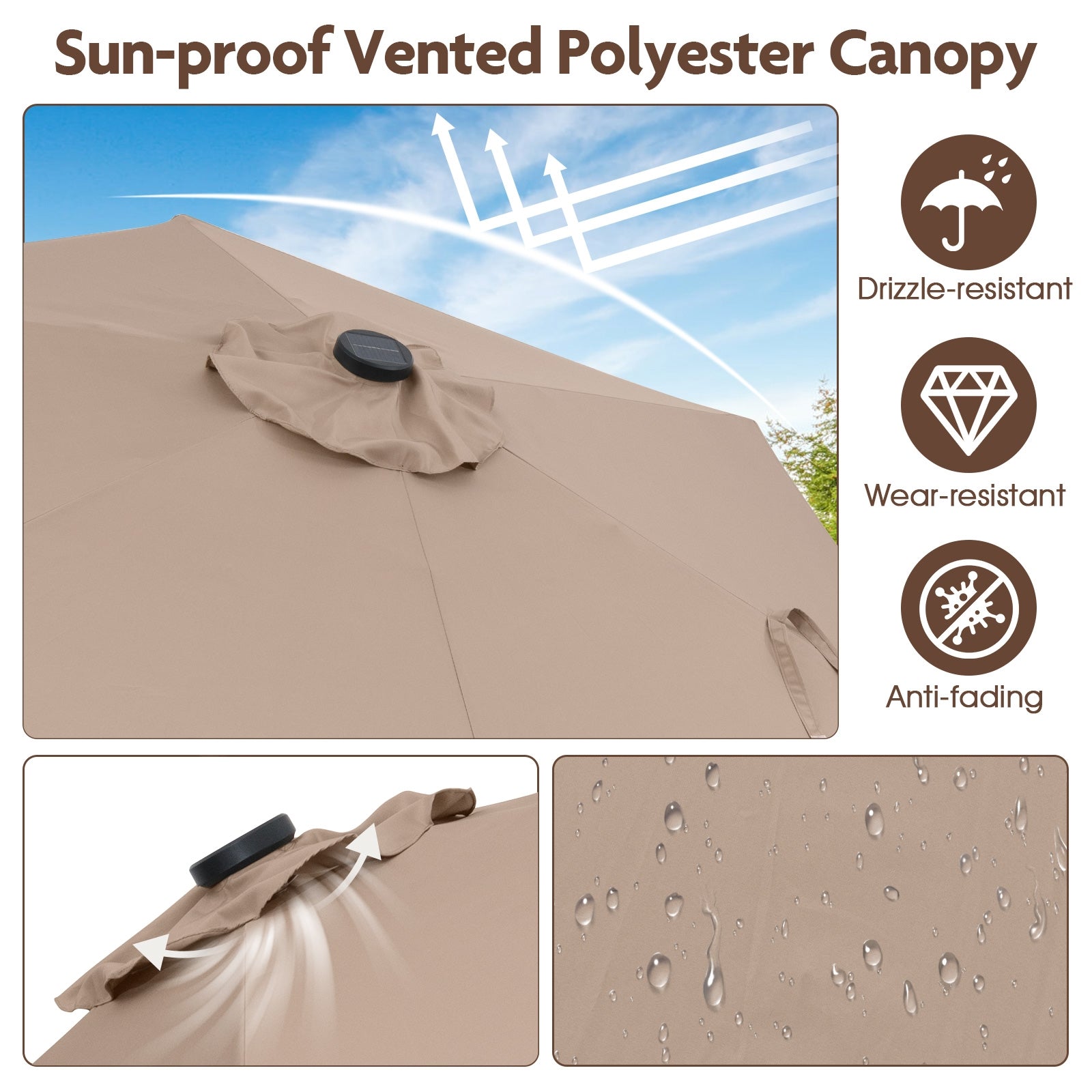 7.5 Feet Solar Powered Patio Umbrella with LED Lights and Crank Handle, Tan Outdoor Umbrellas at Gallery Canada