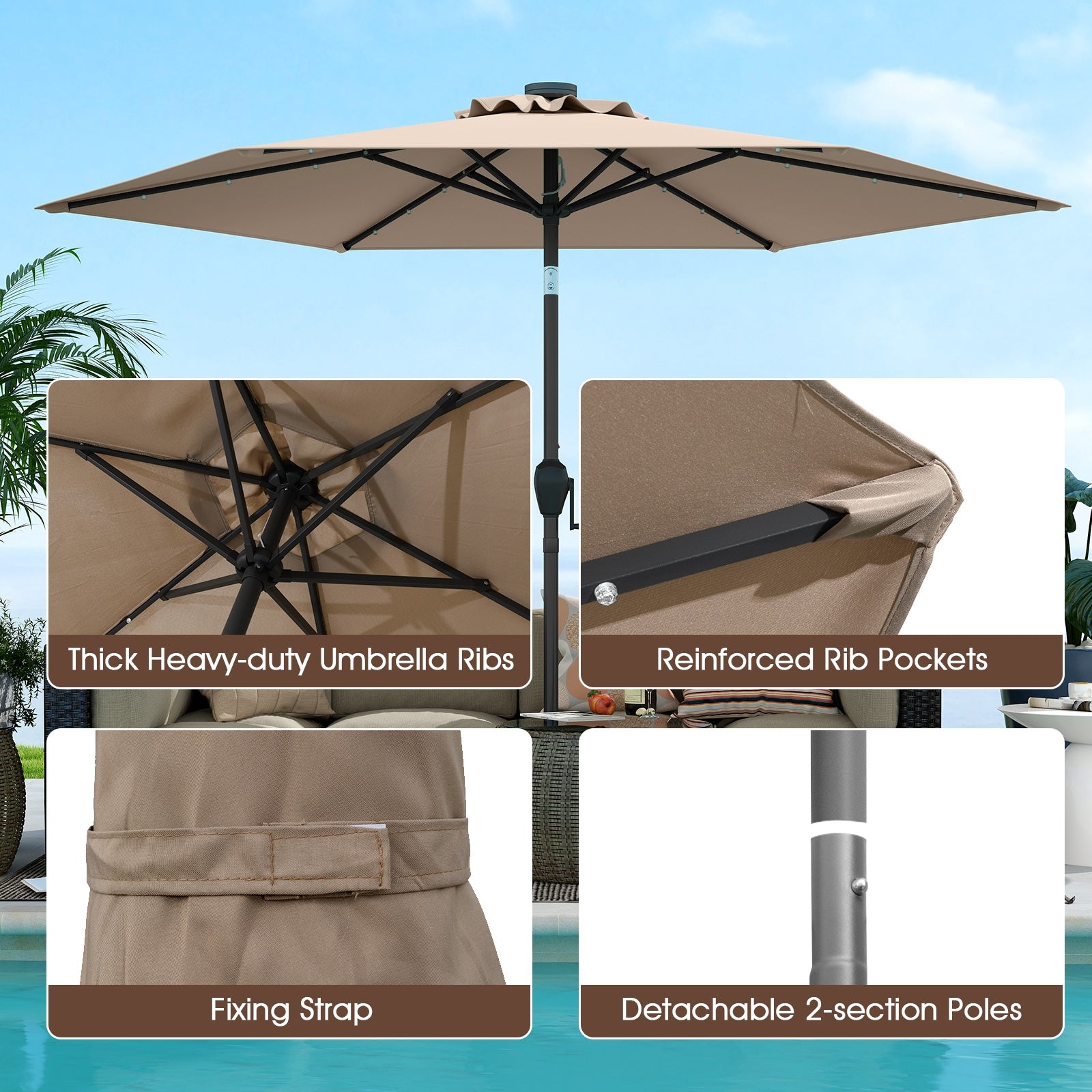 7.5 Feet Solar Powered Patio Umbrella with LED Lights and Crank Handle, Tan Outdoor Umbrellas at Gallery Canada