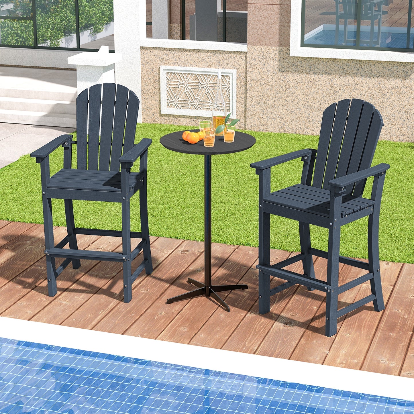Set of 2 Counter Height Outdoor HDPE Bar Stool with Armrests and Footrest, Navy Patio Dining Chairs at Gallery Canada