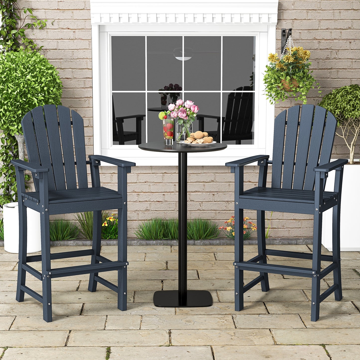 Set of 2 Counter Height Outdoor HDPE Bar Stool with Armrests and Footrest, Navy Patio Dining Chairs at Gallery Canada