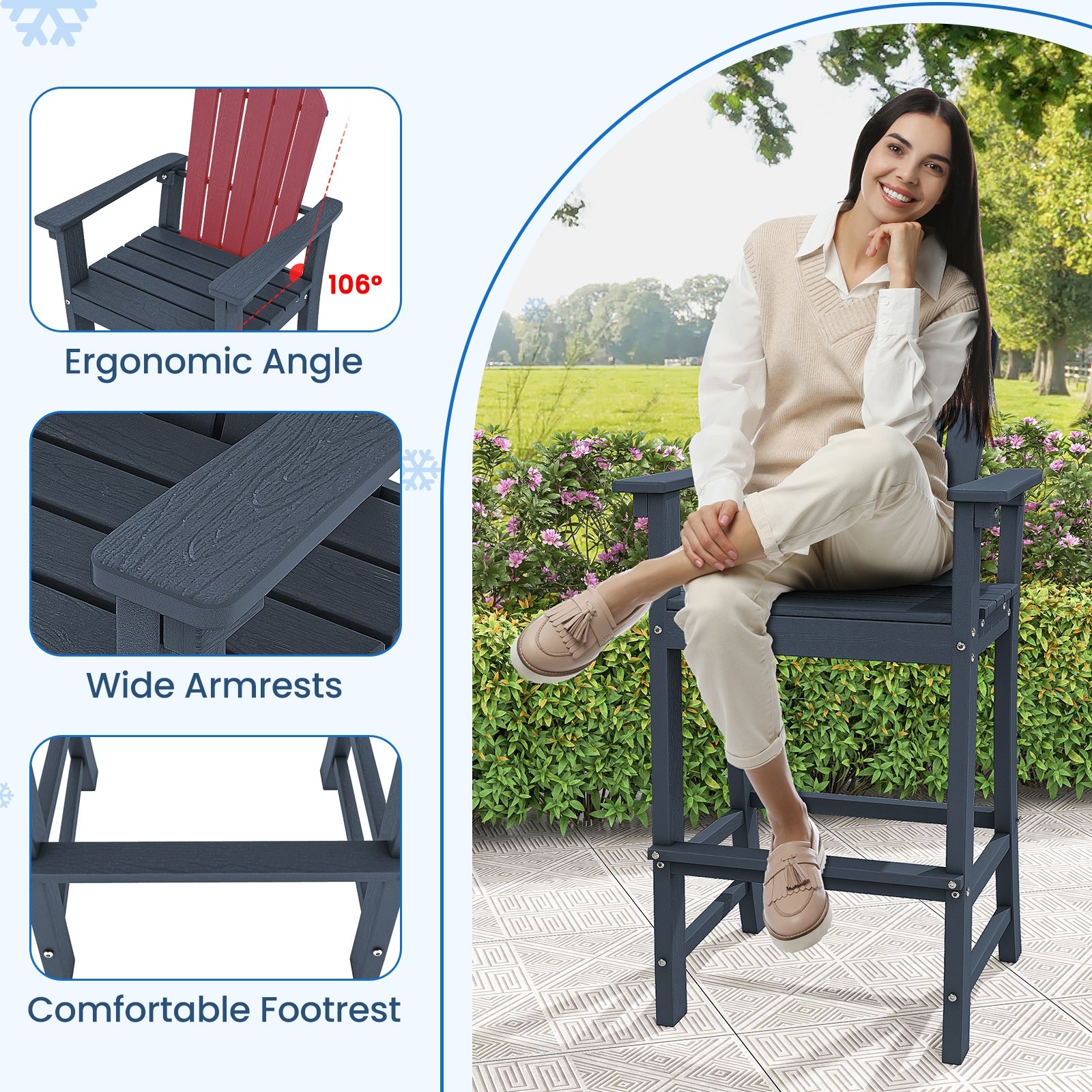 Set of 2 Counter Height Outdoor HDPE Bar Stool with Armrests and Footrest, Navy Patio Dining Chairs at Gallery Canada