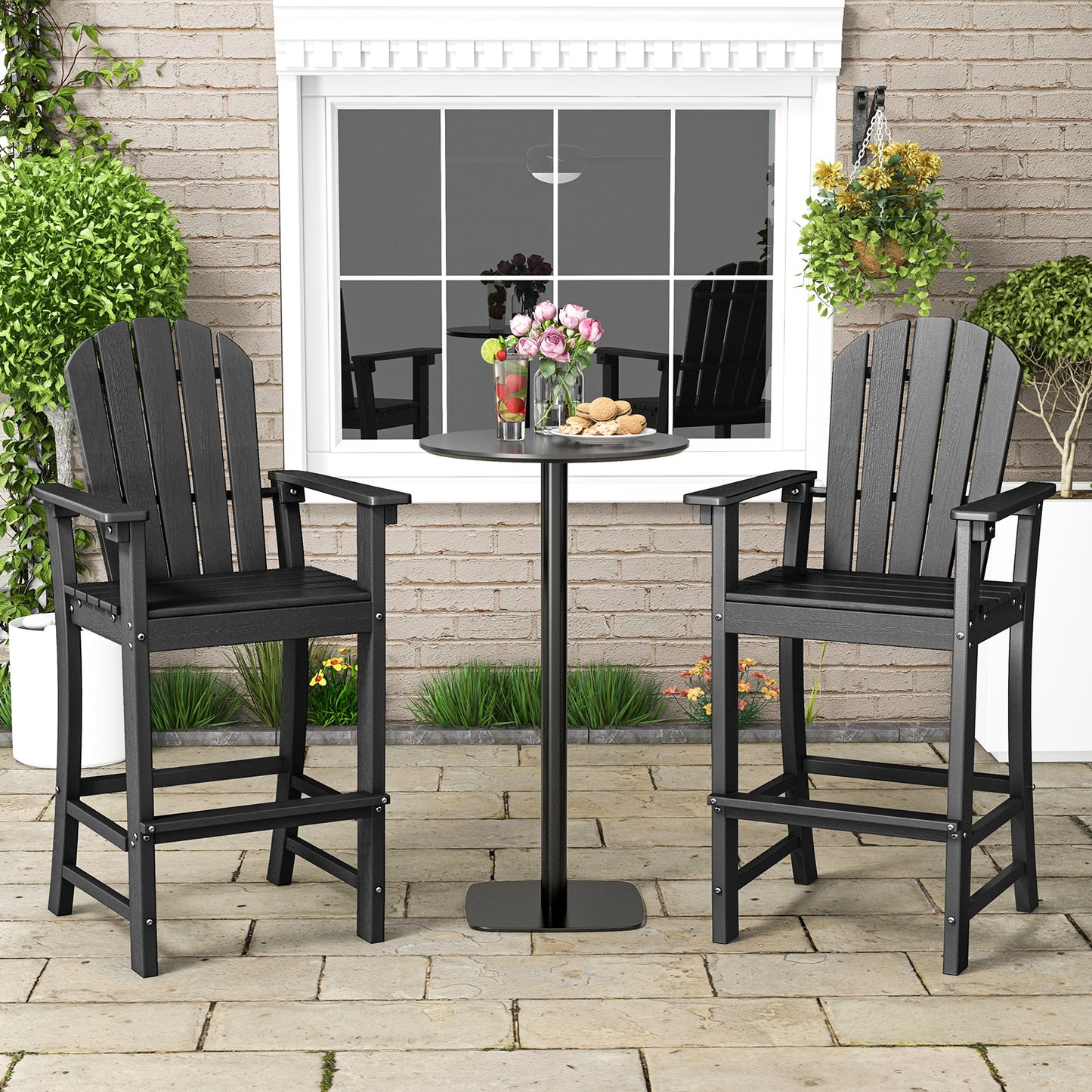 Set of 2 Counter Height Outdoor HDPE Bar Stool with Armrests and Footrest, Black Patio Dining Chairs at Gallery Canada