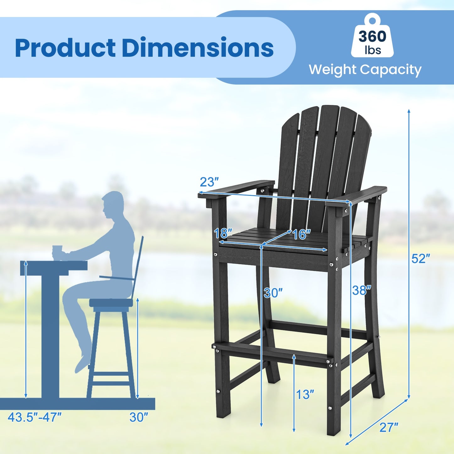 Set of 2 Counter Height Outdoor HDPE Bar Stool with Armrests and Footrest, Black Patio Dining Chairs at Gallery Canada