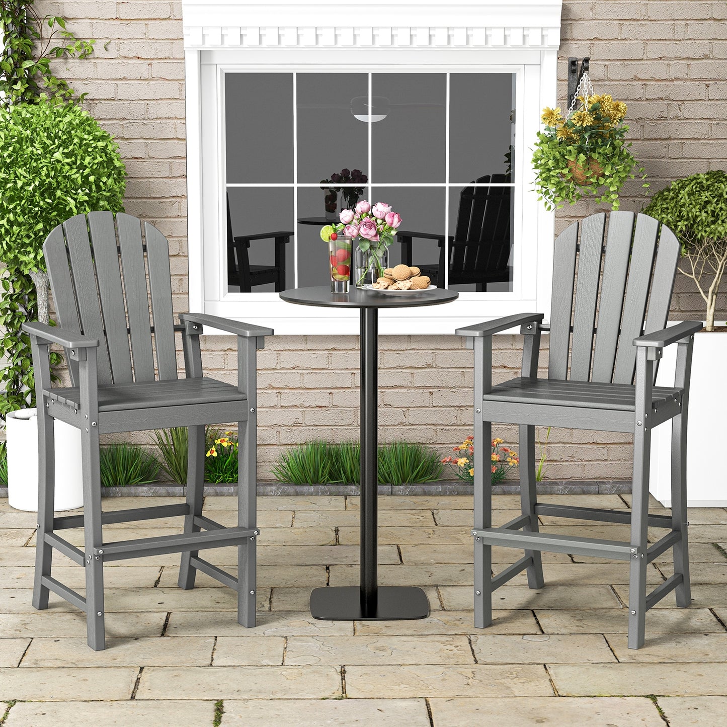 Set of 2 Counter Height Outdoor HDPE Bar Stool with Armrests and Footrest, Gray Patio Dining Chairs at Gallery Canada