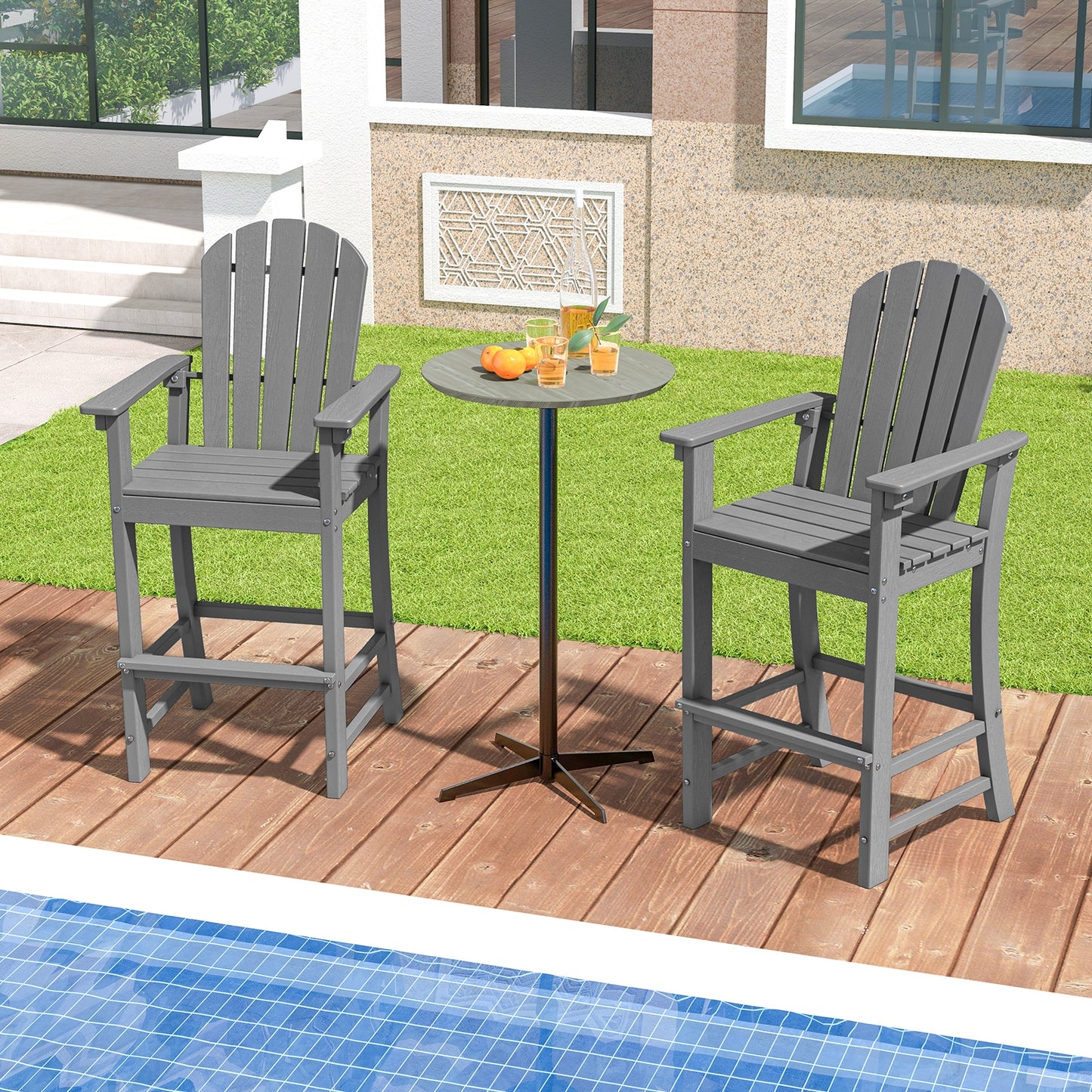 Set of 2 Counter Height Outdoor HDPE Bar Stool with Armrests and Footrest, Gray Patio Dining Chairs at Gallery Canada