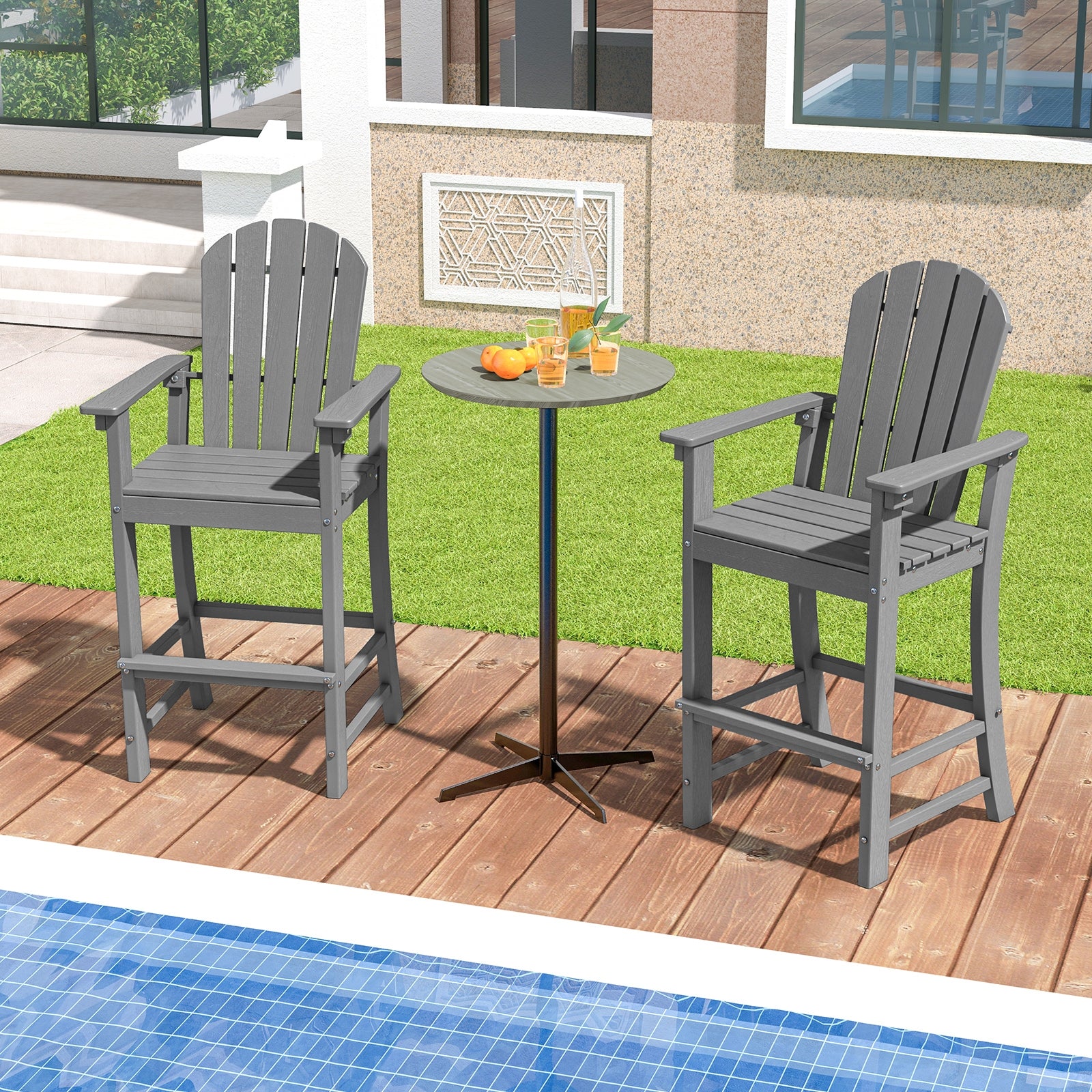 Set of 2 Counter Height Outdoor HDPE Bar Stool with Armrests and Footrest, Gray Patio Dining Chairs at Gallery Canada