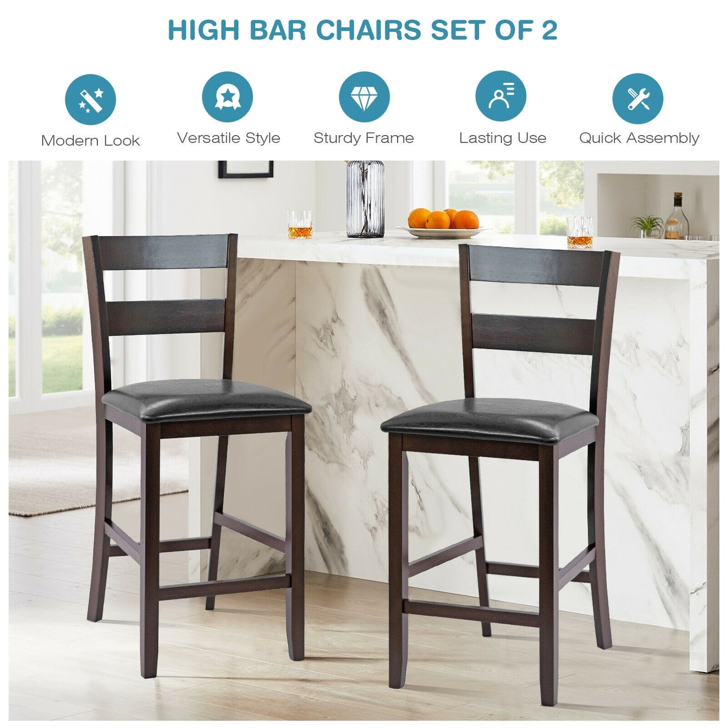 2-Pieces Upholstered Bar Stools Counter Height Chairs with PU Leather Cover, Brown Bar Stools at Gallery Canada