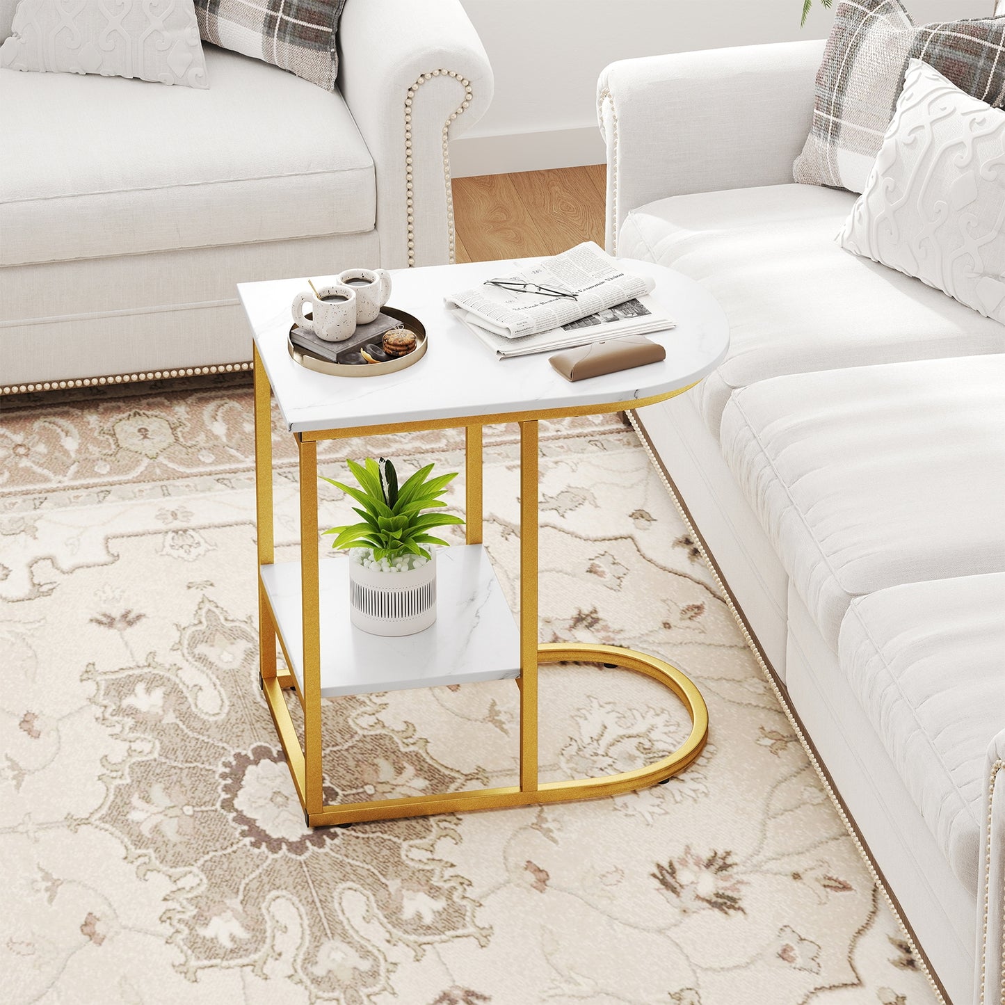 C-shaped Modern Sofa Side Table with Faux Marble Tabletop and Storage Shelf, White End & Side Tables at Gallery Canada