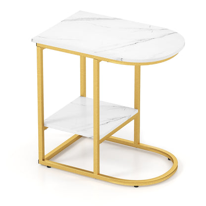 Modern C-Shaped Sofa Side Table, Faux Marble Tabletop With Storage Shelf, White