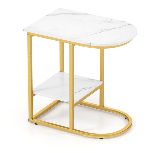 Modern C-Shaped Sofa Side Table, Faux Marble Tabletop With Storage Shelf, White