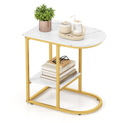 C-shaped Modern Sofa Side Table with Faux Marble Tabletop and Storage Shelf, White End & Side Tables at Gallery Canada