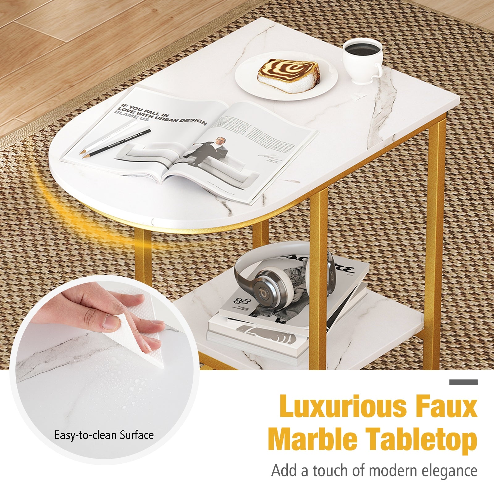 C-shaped Modern Sofa Side Table with Faux Marble Tabletop and Storage Shelf, White End & Side Tables at Gallery Canada