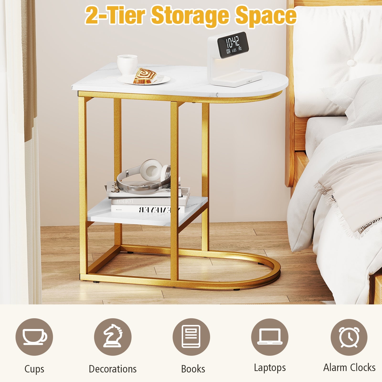 C-shaped Modern Sofa Side Table with Faux Marble Tabletop and Storage Shelf, White End & Side Tables at Gallery Canada