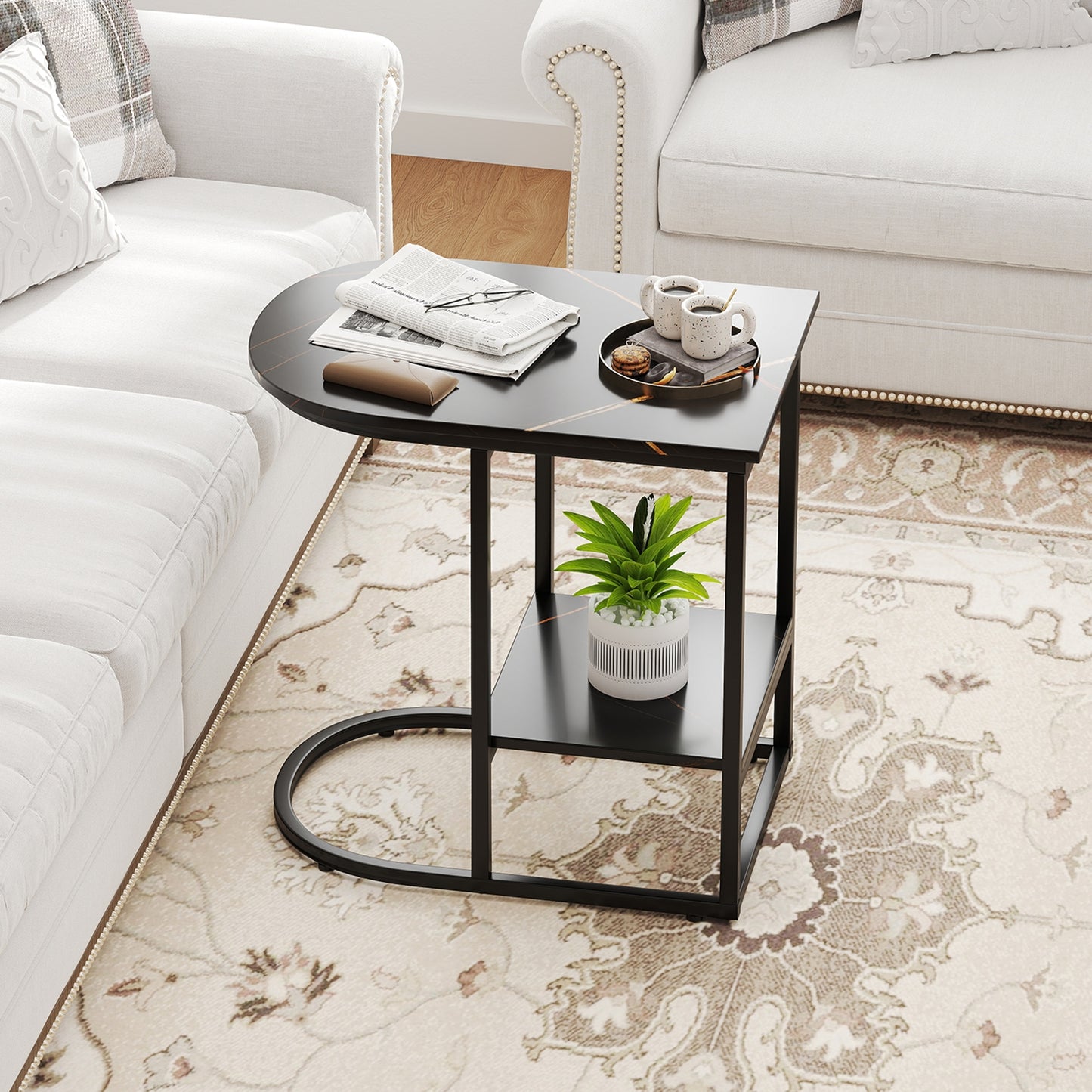 C-shaped Modern Sofa Side Table with Faux Marble Tabletop and Storage Shelf, Black End & Side Tables at Gallery Canada