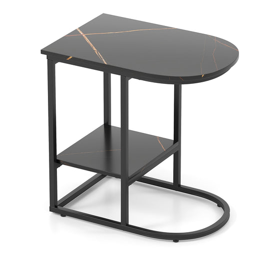 Modern C-Shaped Sofa Side Table, Faux Marble Top, Storage Shelf, Black End & Side Tables Black at Gallery Canada