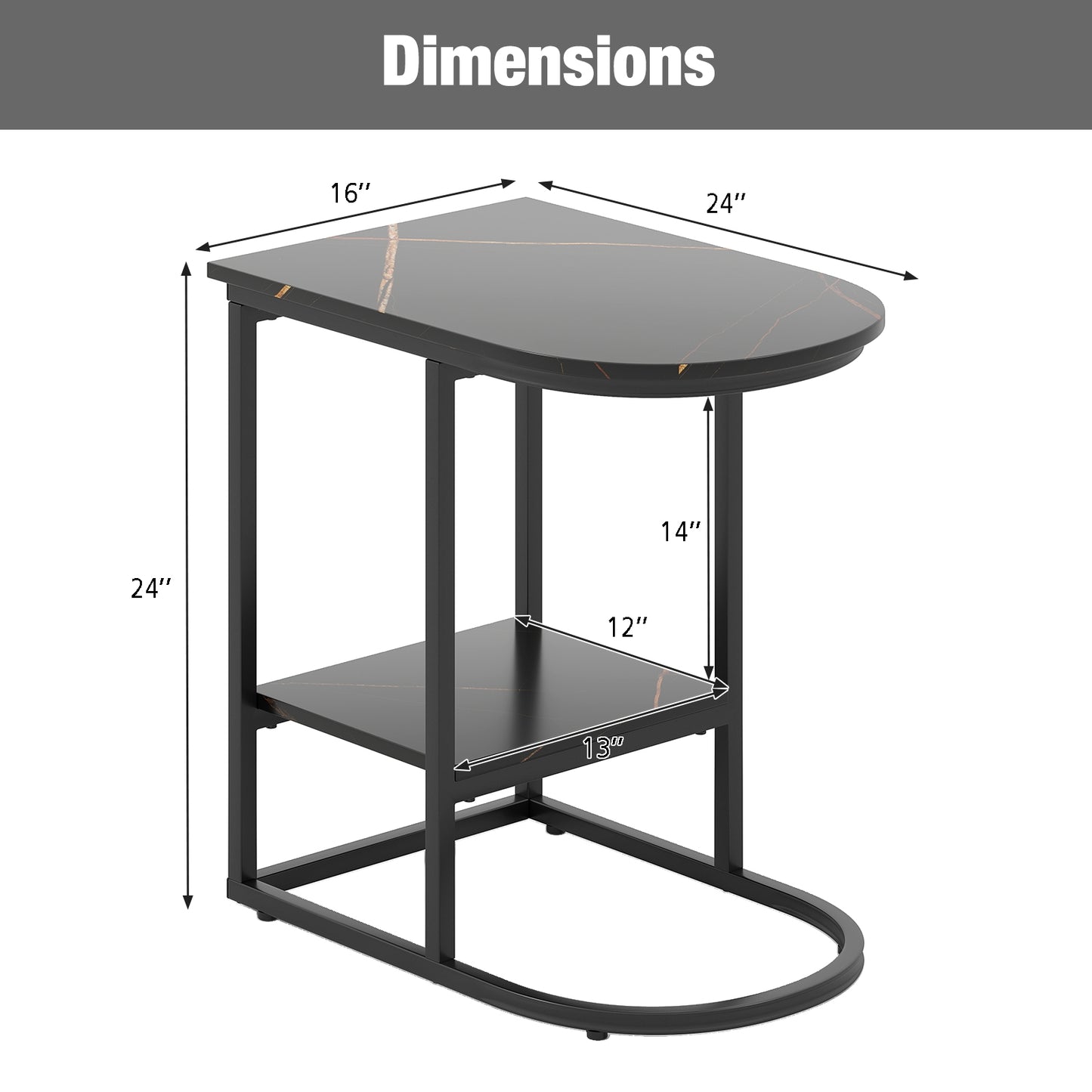 C-shaped Modern Sofa Side Table with Faux Marble Tabletop and Storage Shelf, Black End & Side Tables at Gallery Canada
