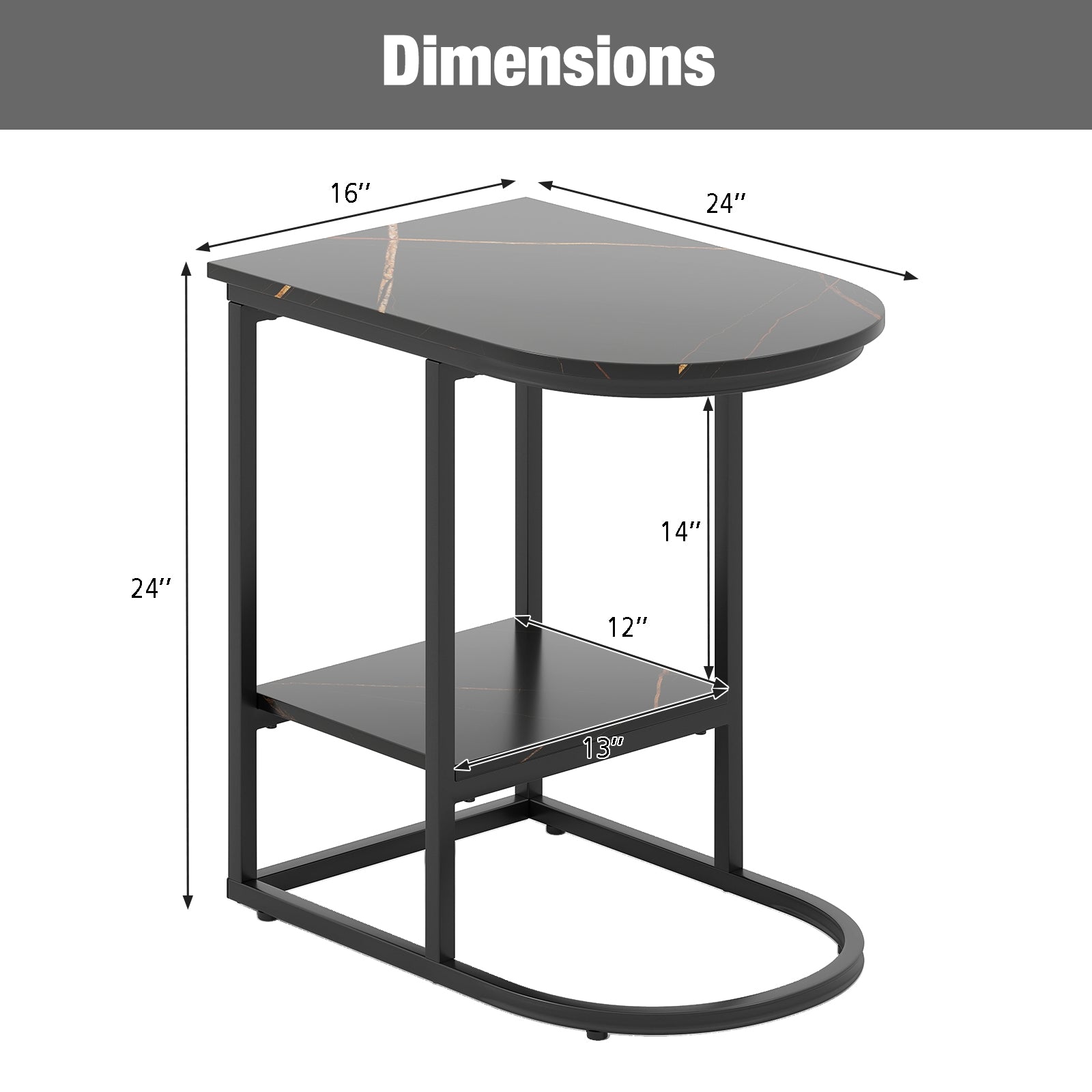 C-shaped Modern Sofa Side Table with Faux Marble Tabletop and Storage Shelf, Black End & Side Tables at Gallery Canada