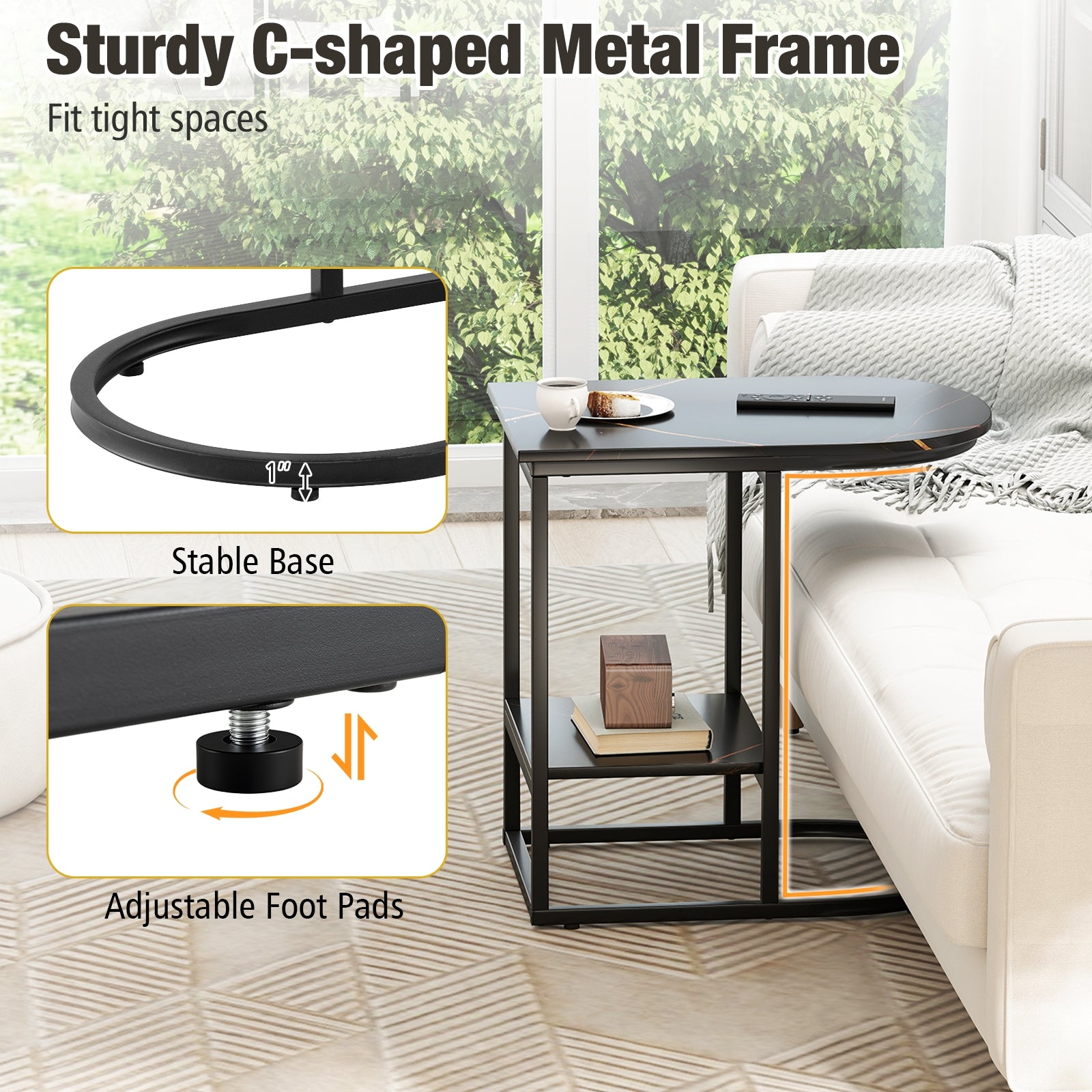 C-shaped Modern Sofa Side Table with Faux Marble Tabletop and Storage Shelf, Black End & Side Tables at Gallery Canada