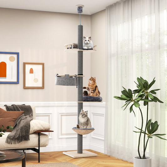 Floor to Ceiling Cat Tree with 93"-107" Adjustable Height, Gray - Gallery Canada