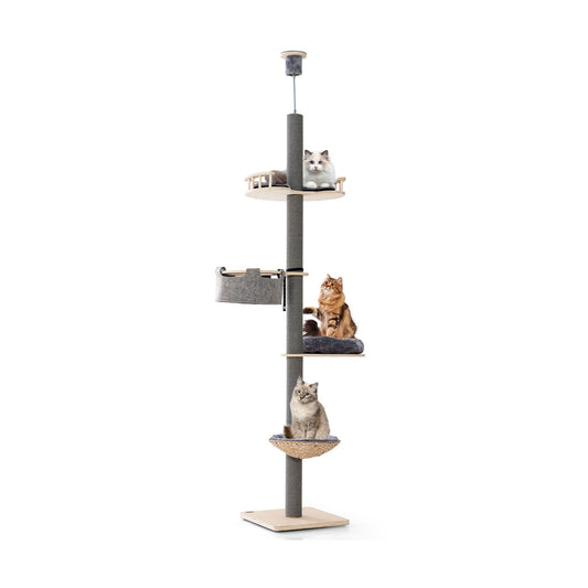 Floor to Ceiling Cat Tree with 93 Inch-107 Inch Adjustable Height, Gray Cat Trees Condos & Scratchers Gray at Gallery Canada