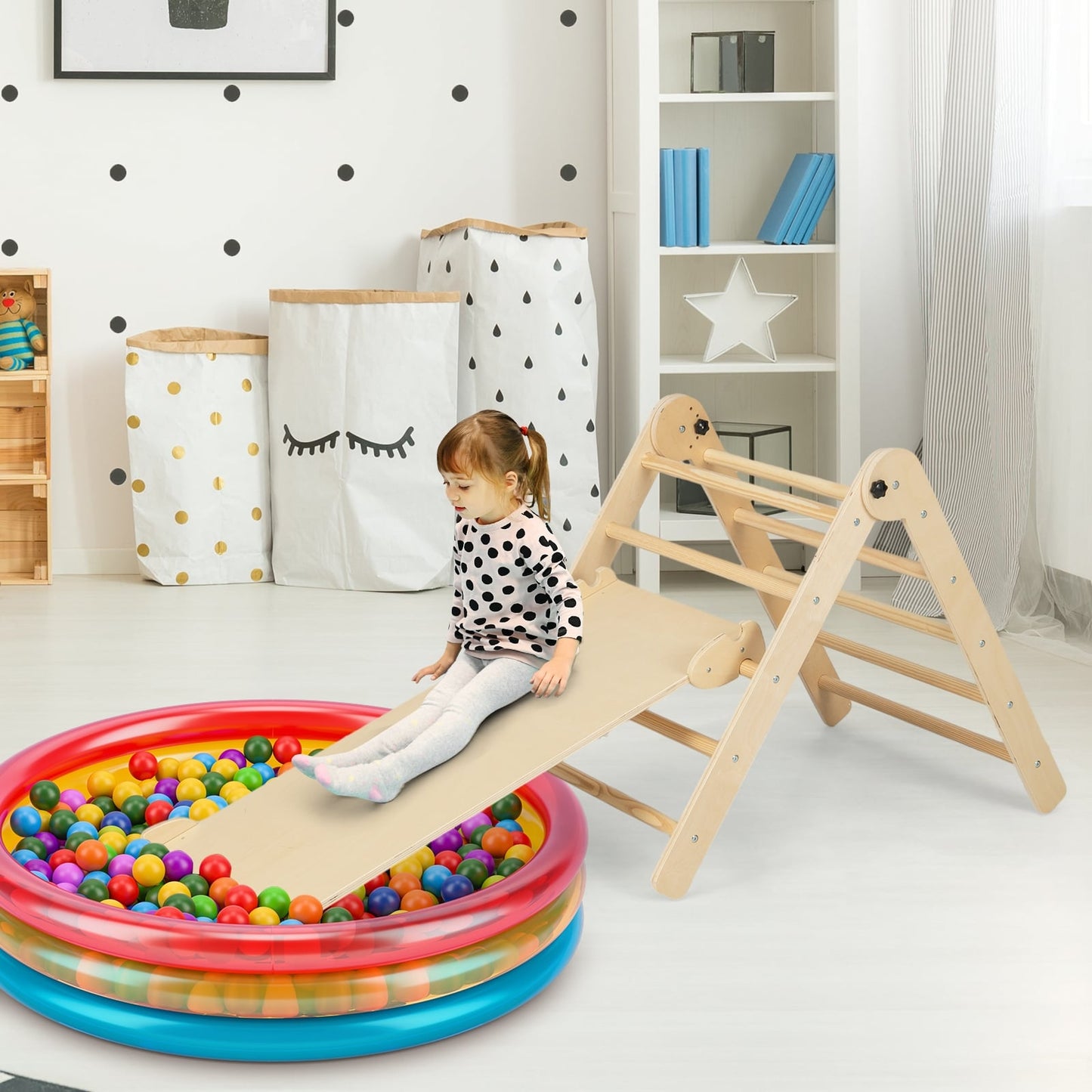 3-In-1 Foldable Adjustable Kids Triangle Climbing Set, Natural Climbers & Slides at Gallery Canada