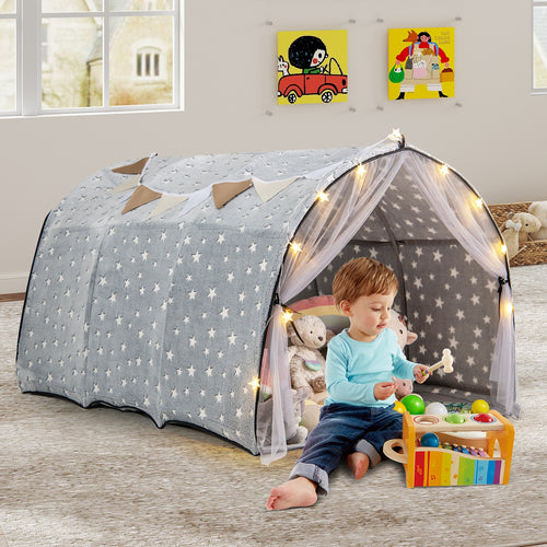 Kids Dream Bed Tent Twin Bunk Bed with Glow in the Dark Stars and Lights, Gray