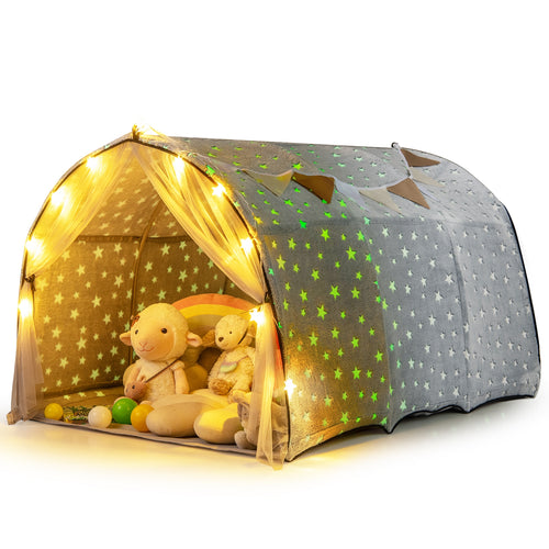 Kids Dream Bed Tent Twin Bunk Bed with Glow in the Dark Stars and Lights, Gray