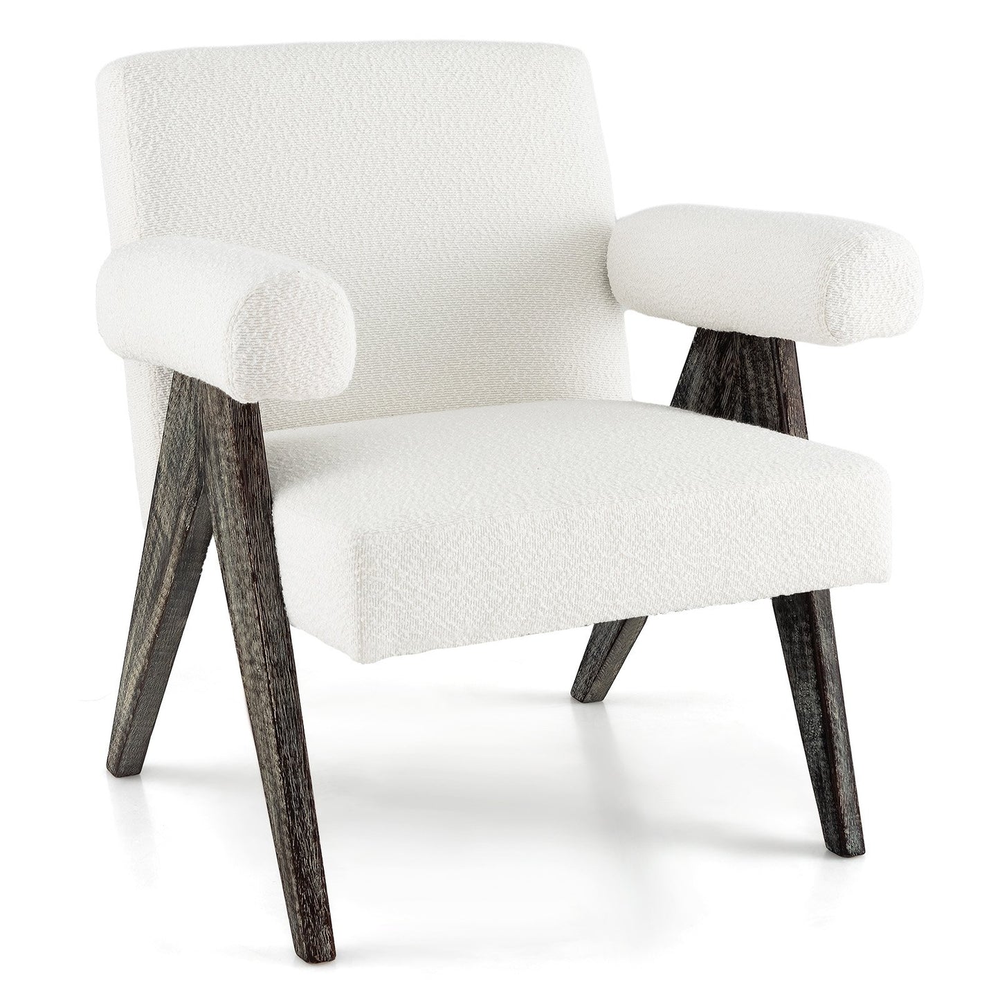 Upholstered Armchair with Natural Rubber Wood Legs and Sponge Padded Seat, White