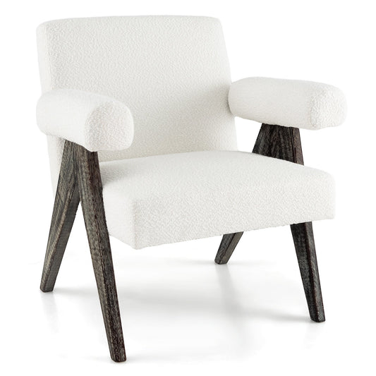 Upholstered Armchair with Natural Rubber Wood Legs and Sponge Padded Seat, White - Gallery Canada
