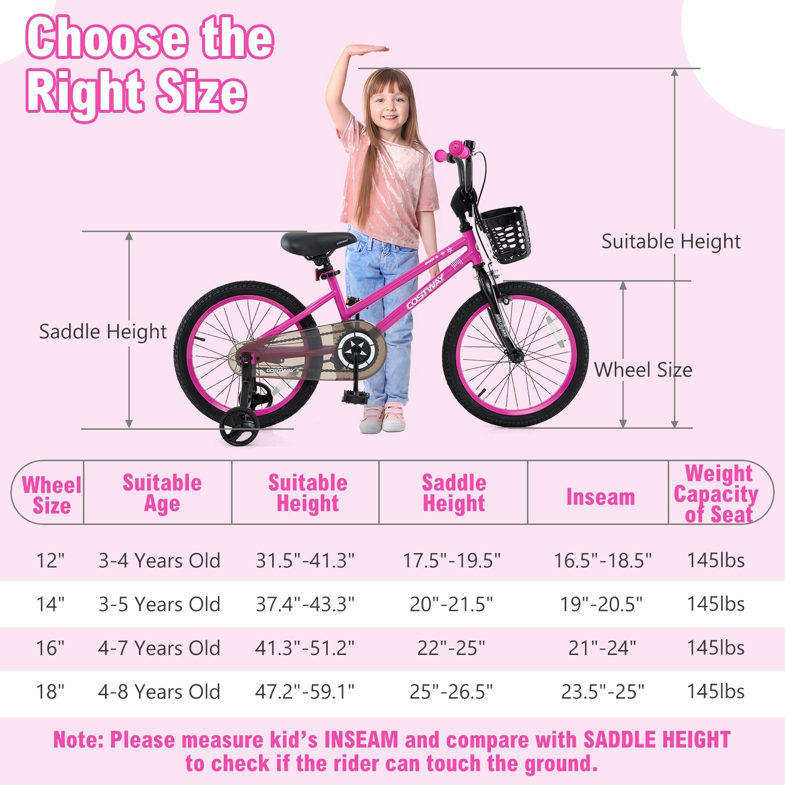 18 Inch Kids Bike Adjustable Bicycle with Front Basket for Children Aged 4-8 Years Old, Pink Kids Bike at Gallery Canada