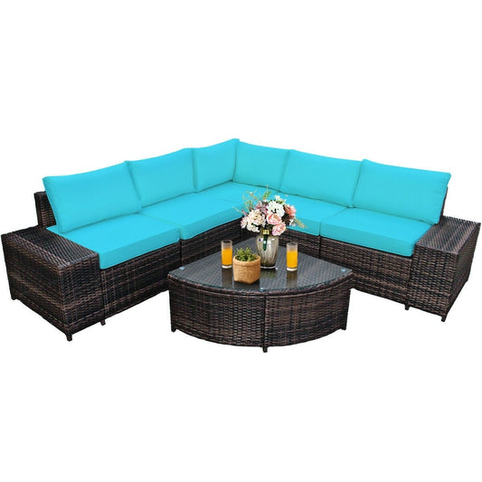 6 Pieces Rattan Furniture Cushioned Sofa Set, Turquoise - Gallery Canada