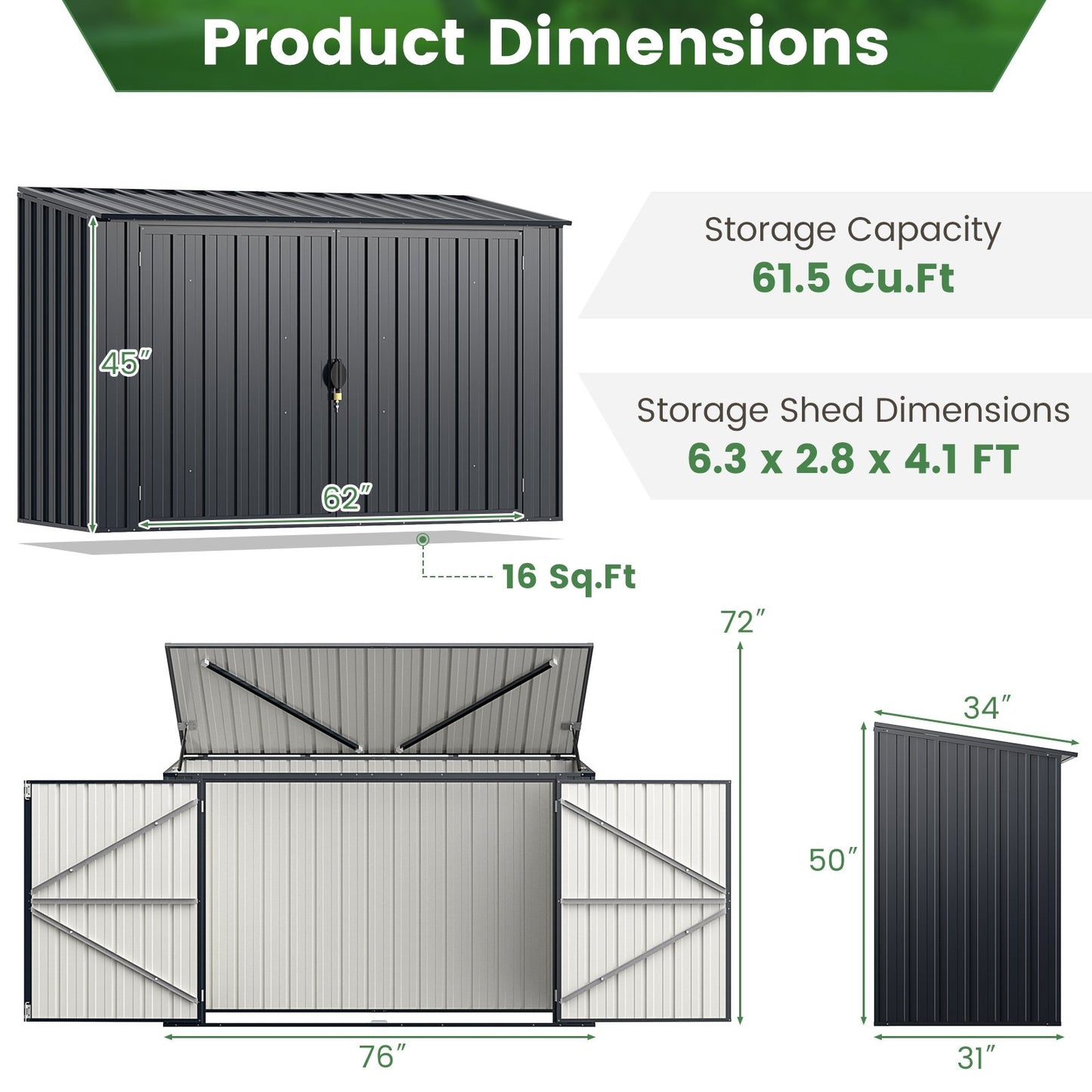 6.3 x 2.8 FT Metal Outdoor Storage Shed Rustproof Steel Tool Shed with Lockable Door, Gray