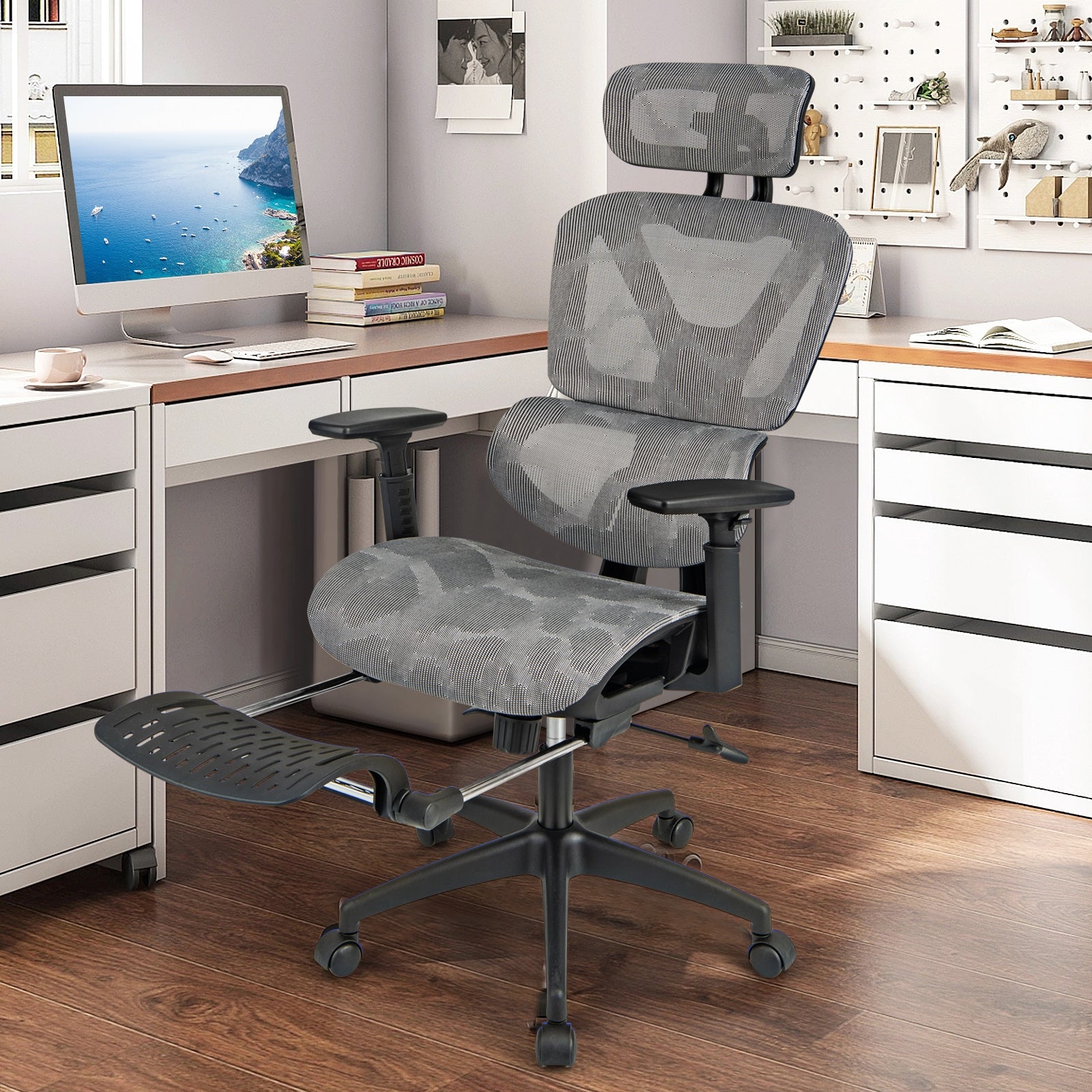 Mesh Office Chair with Tilting Backrest and Retractable Footrest, Gray Mesh Chairs at Gallery Canada